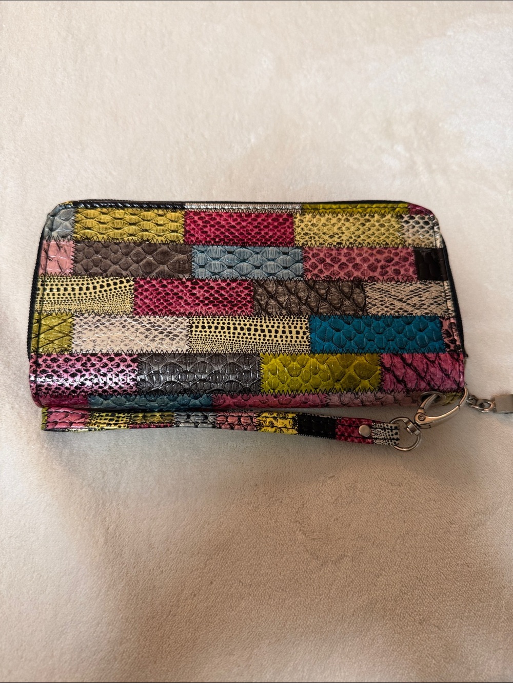 Multicolor Patchwork Snake-Embossed Wristlet Clutch